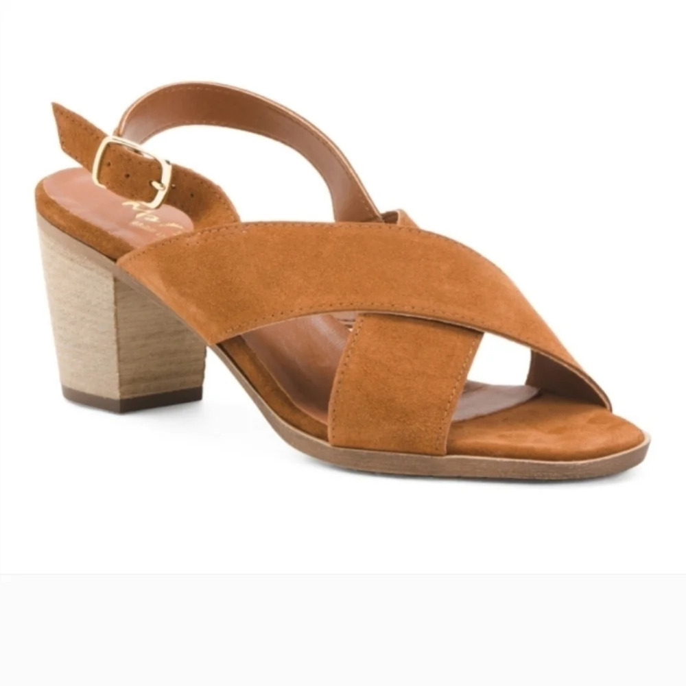 Mariella Italian suede criss cross strap slingback sandals with block heel